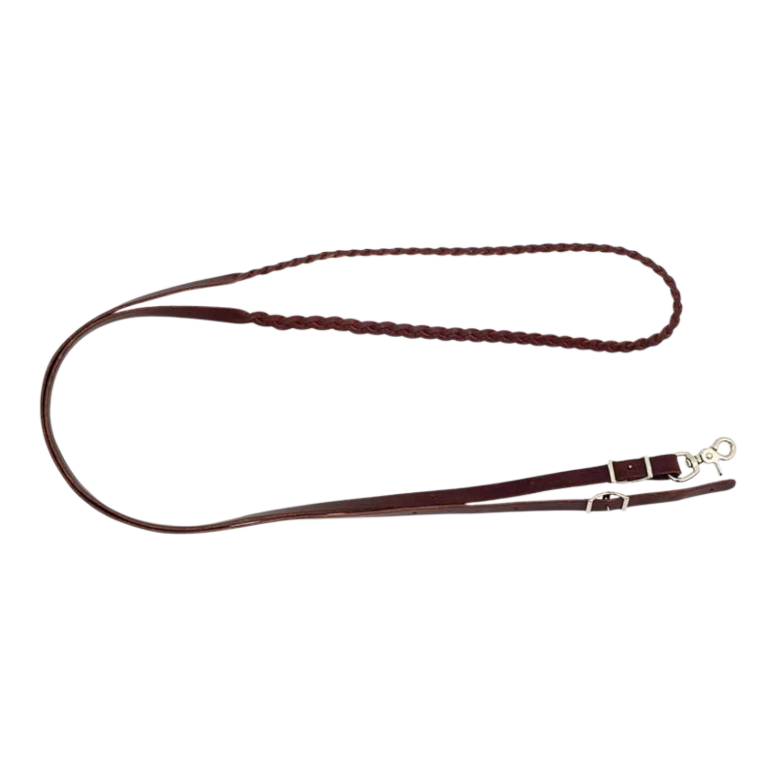 Lone Star Ropes burgundy latigo leather roping reins with a 3-plait braided design and metal snap and Conway buckles.