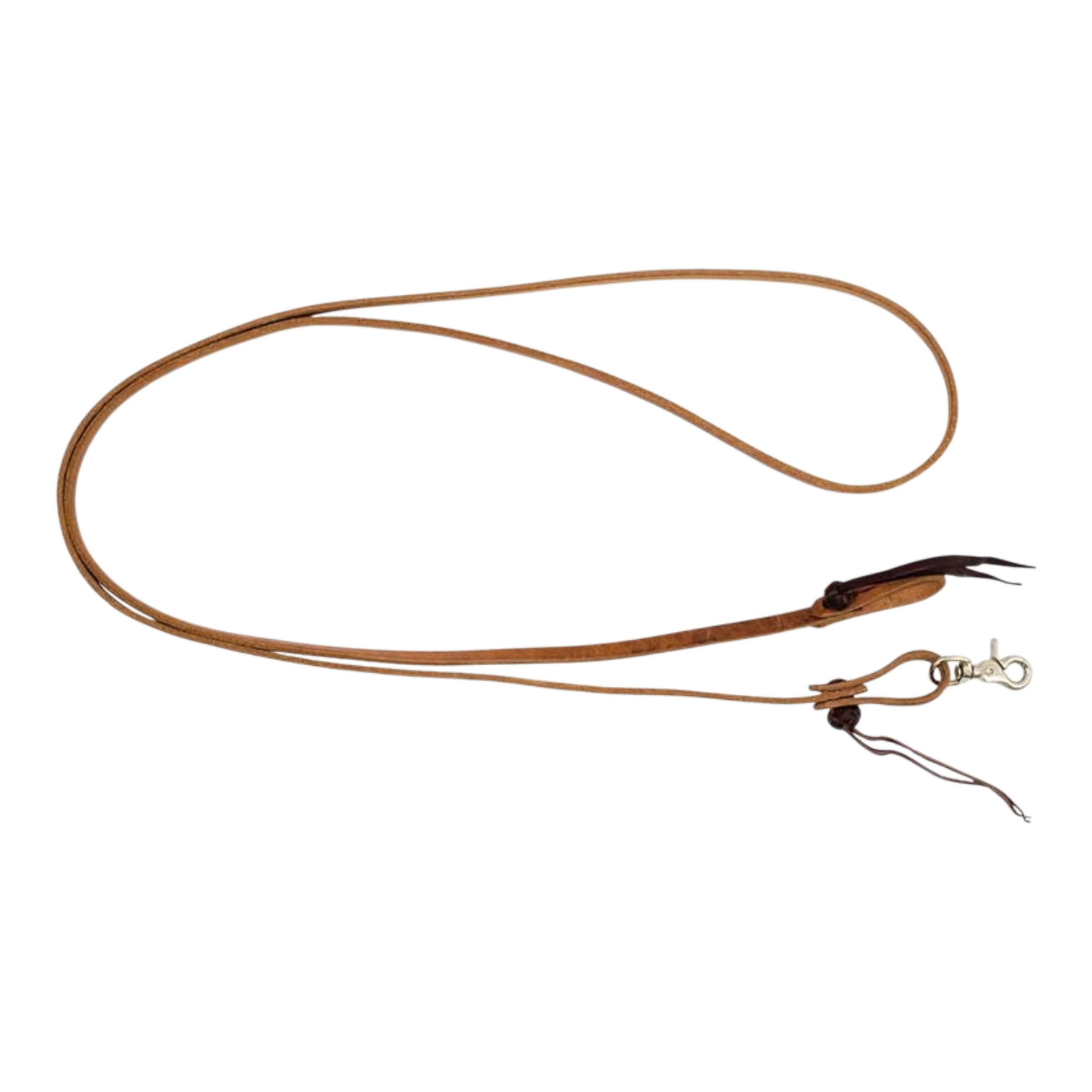 Lone Star Ropes 8-foot harness leather roping reins featuring two-string twisted knots and a metal scissor snap.