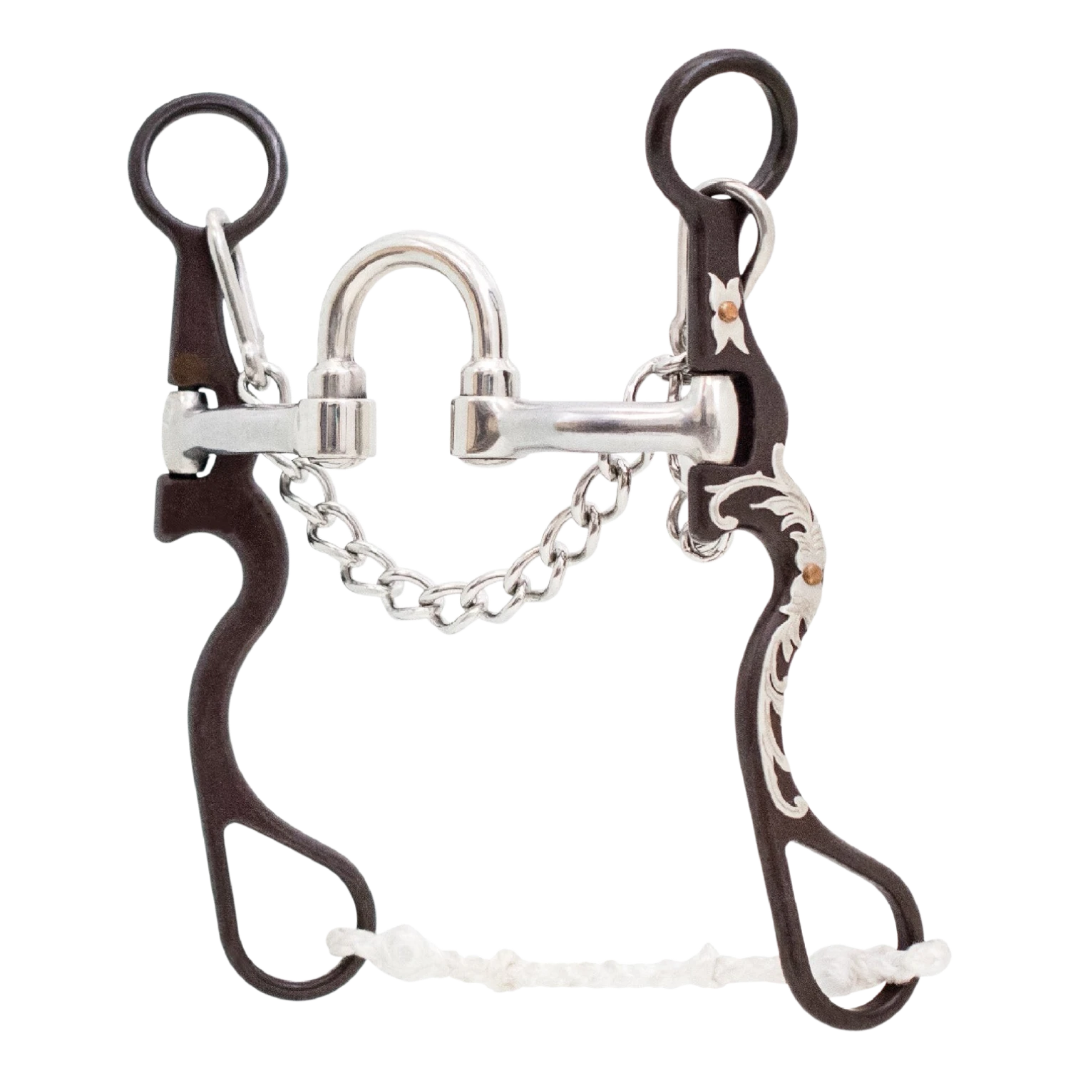 Lone Star Ropes Tyler Magnus Series correctional bit with antique finish, floral trim, and braided rope slobber bar.