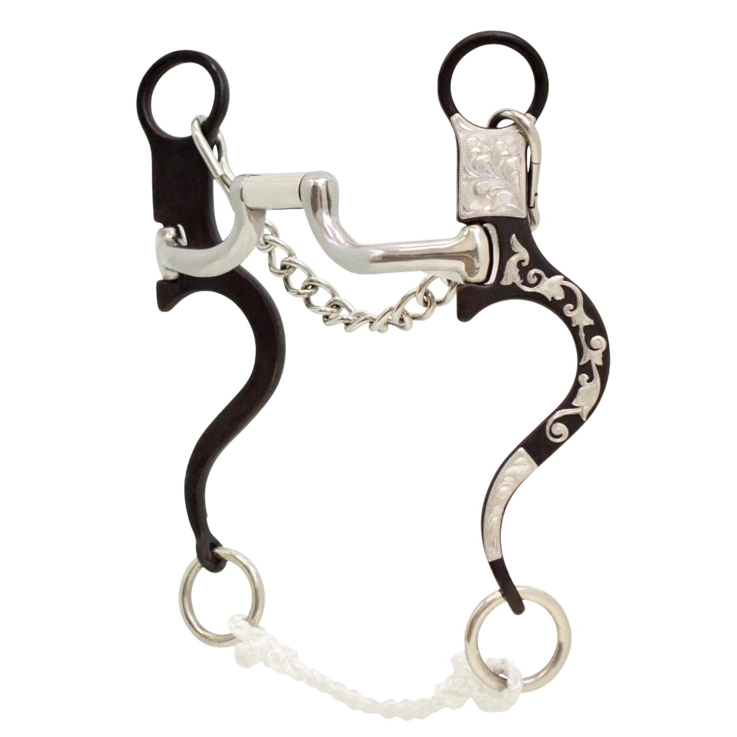 Lone Star Ropes Tyler Magnus loose ring hinged port bit with antique finish, silver floral trim, and rope slobber bar.