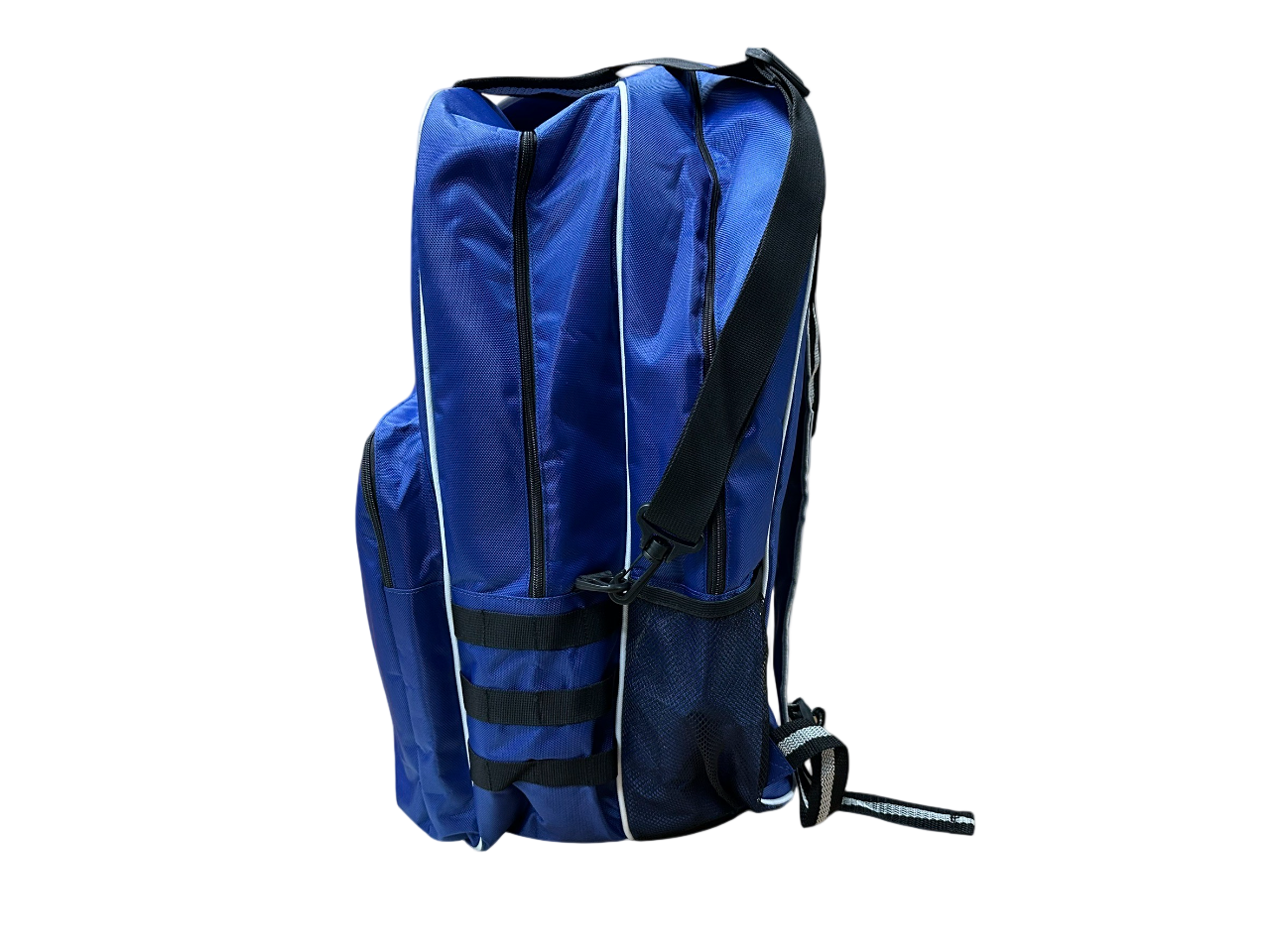 Blue backpack with black straps on a white background