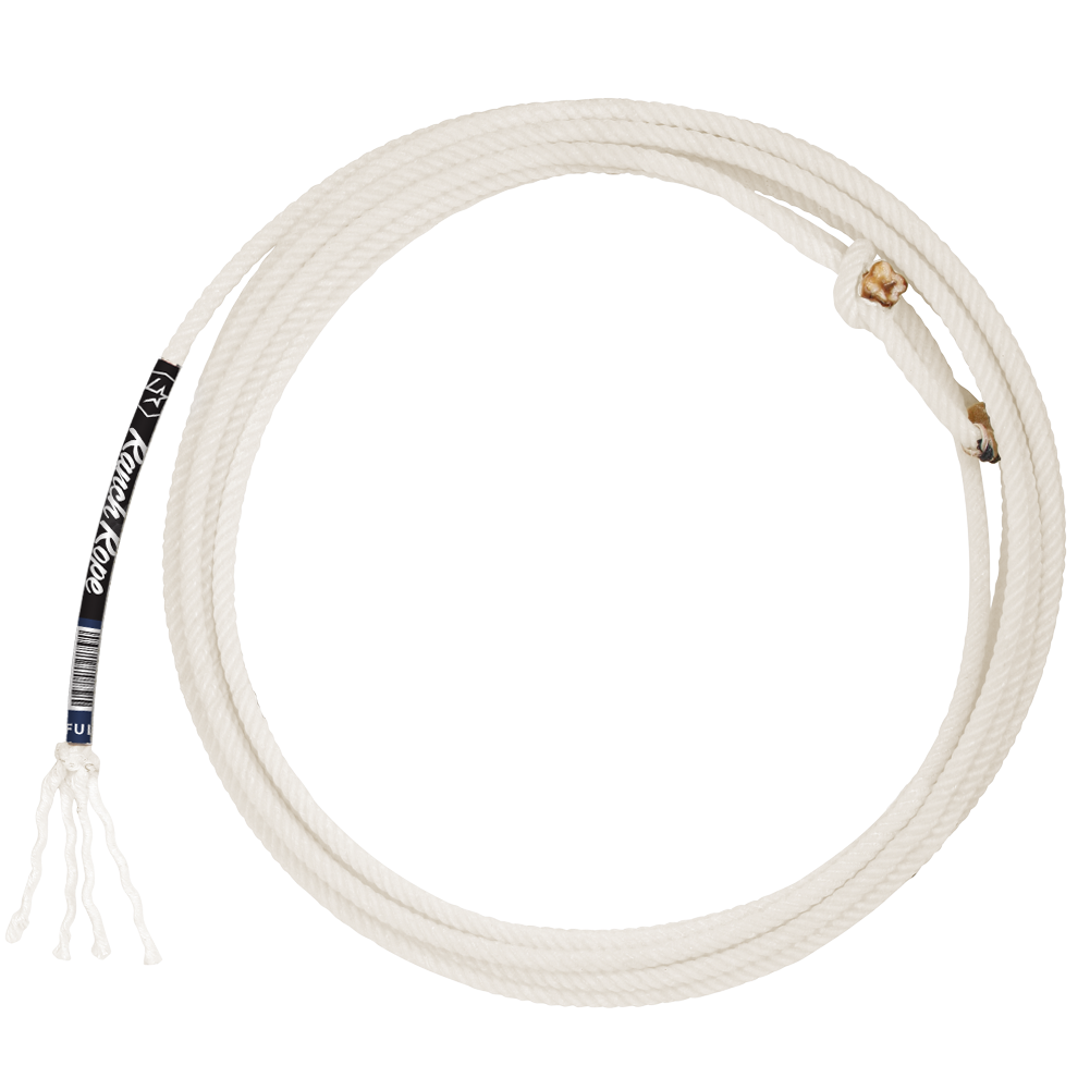 A looped white poly rope with a ranch style loop at one end, designed for use in ranching or equestrian activities.
