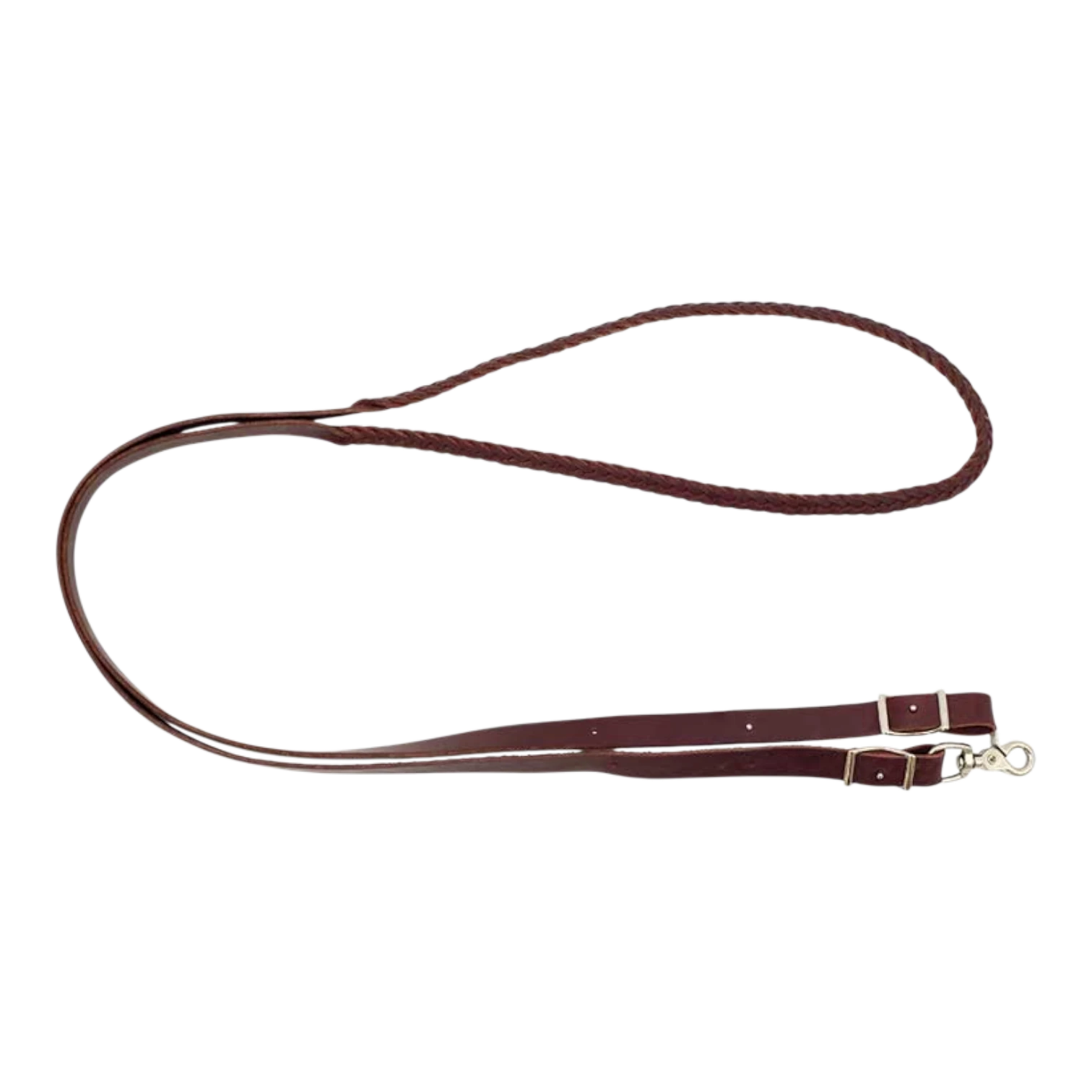 Lone Star Ropes burgundy latigo leather roping reins with 5-plait braiding, snap hooks, and Conway buckles.