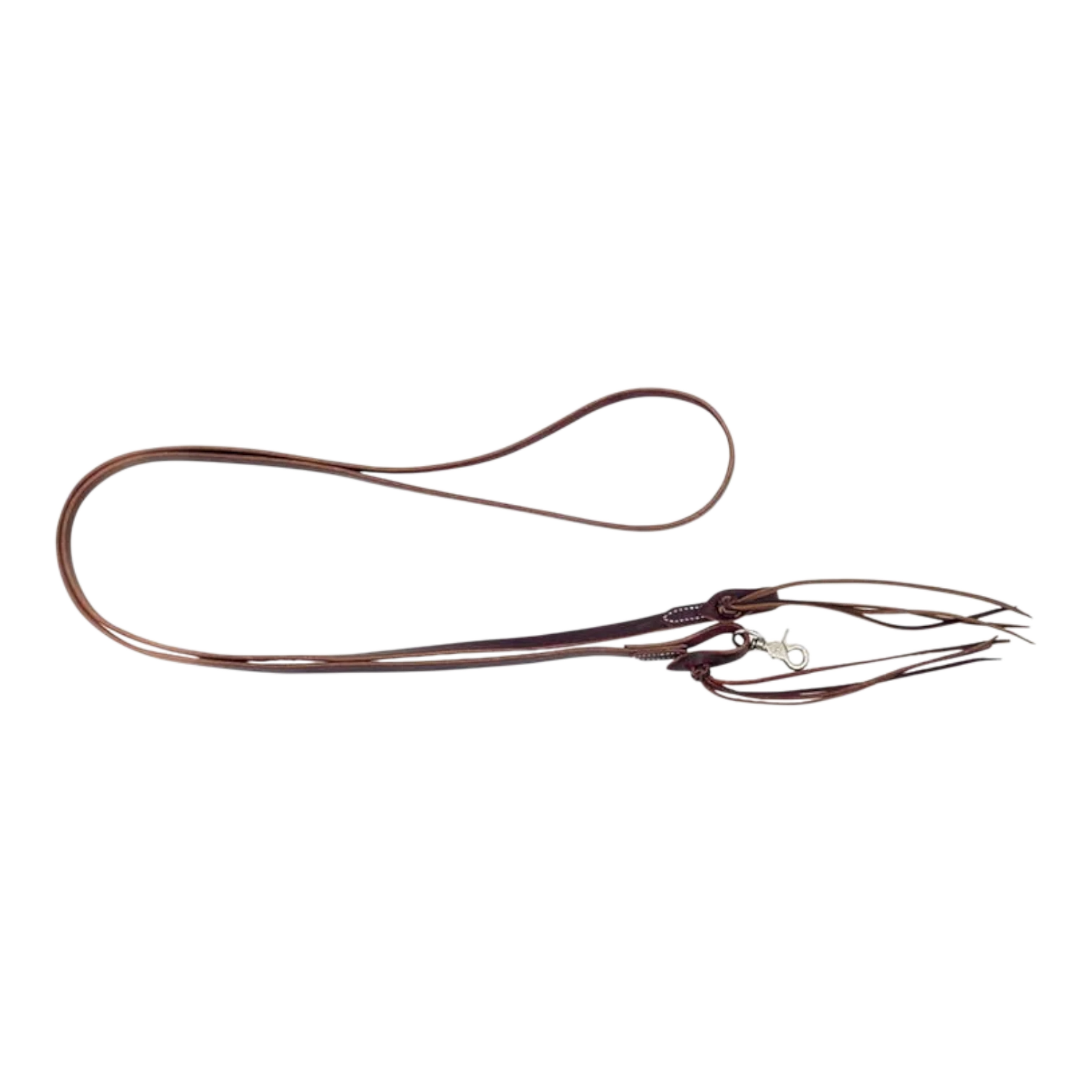 Lone Star Ropes 8-foot burgundy latigo leather roping reins featuring a four-string pineapple knot and scissor snap.