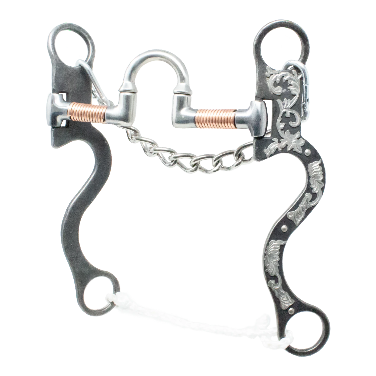 Lone Star Ropes Walt Woodard Legend correction bit with copper wrapped bars, floral trim, and stainless steel chain.
