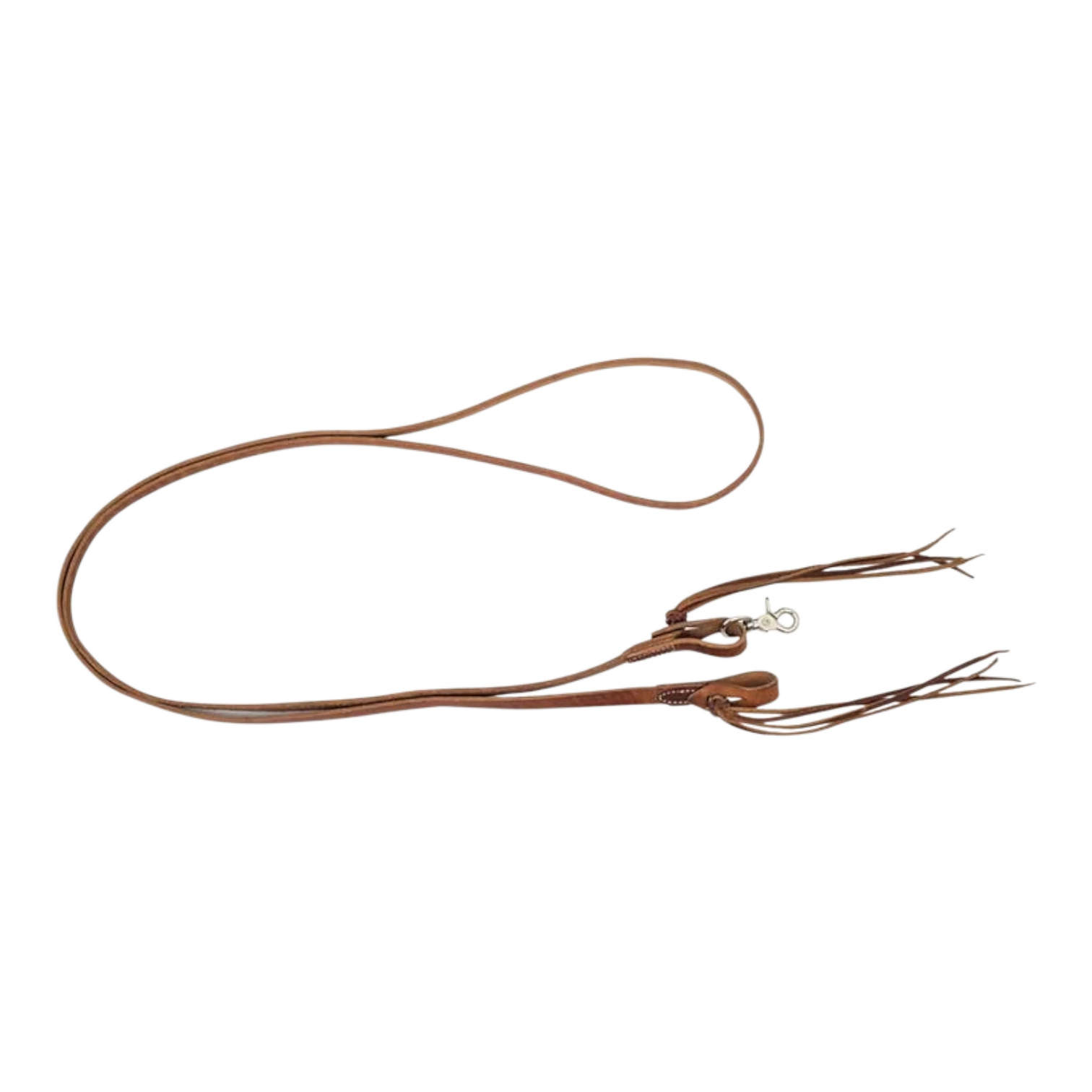 Lone Star Ropes 8-foot harness leather roping reins featuring a four-string pineapple knot and a metal scissor snap.