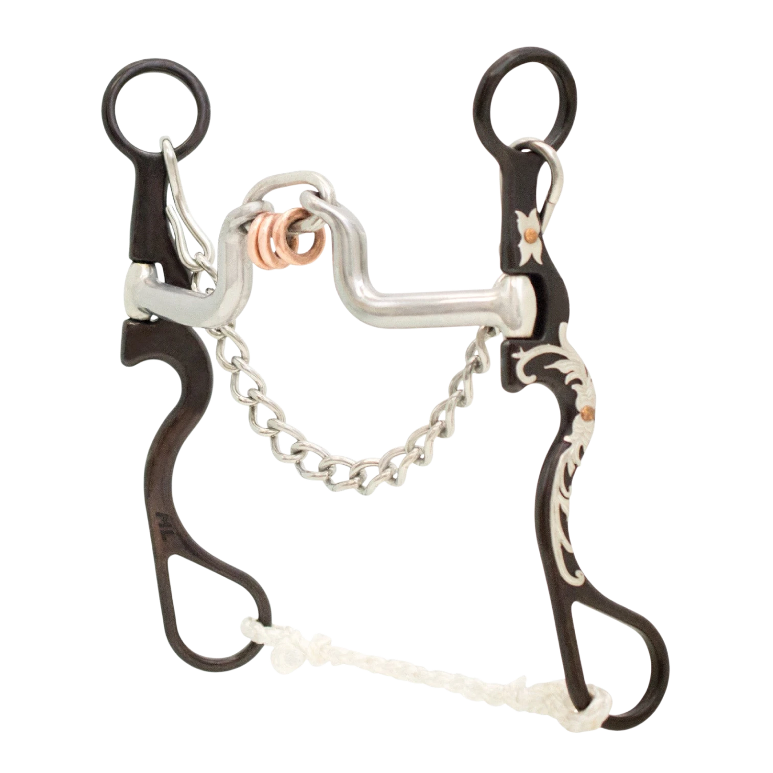 Lone Star Ropes Tyler Magnus Series ported link bit with antique finish, floral trim, and copper ring mouthpiece.