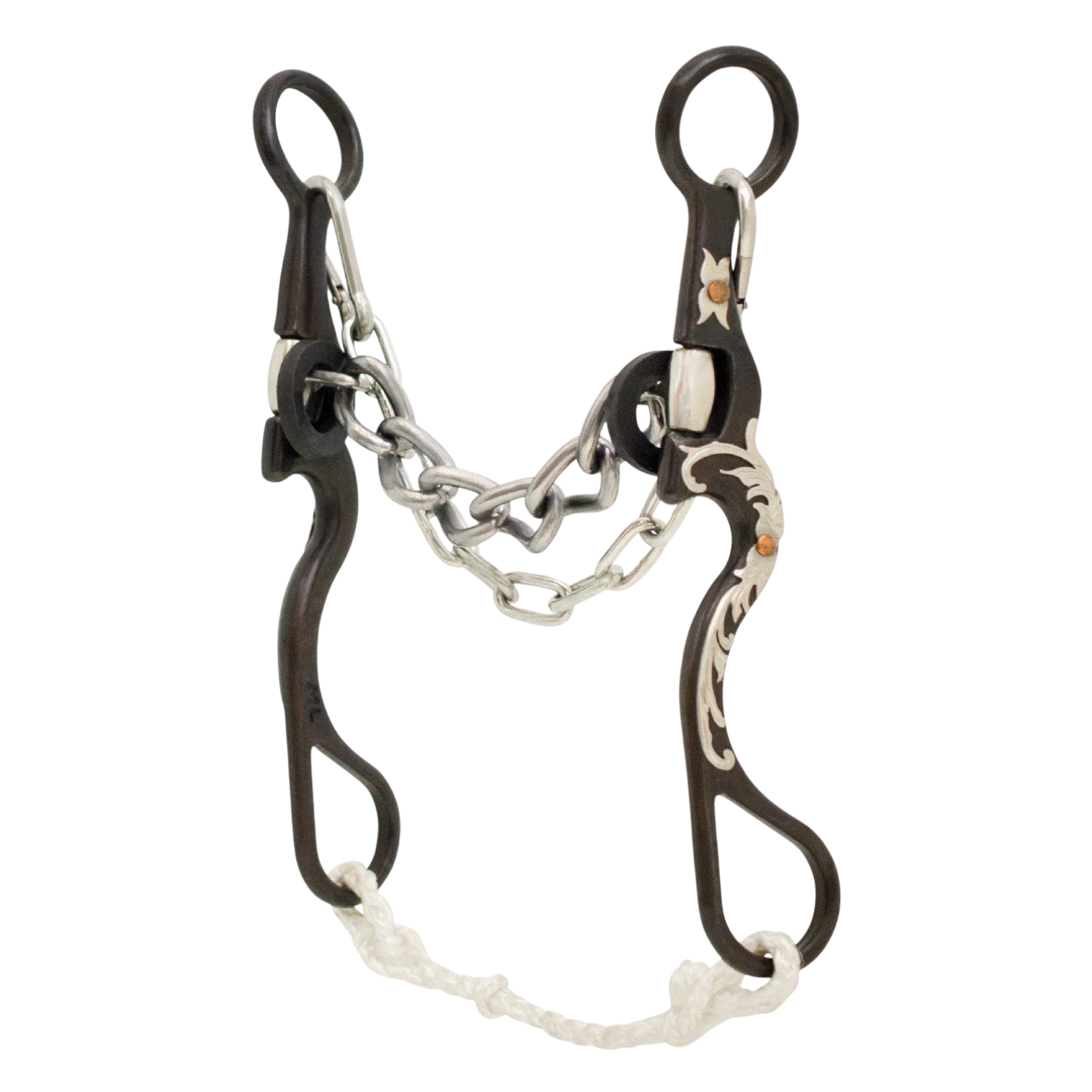 Lone Star Ropes Tyler Magnus series chain bit with antique finish, floral shank trim, and braided rope slobber bar.