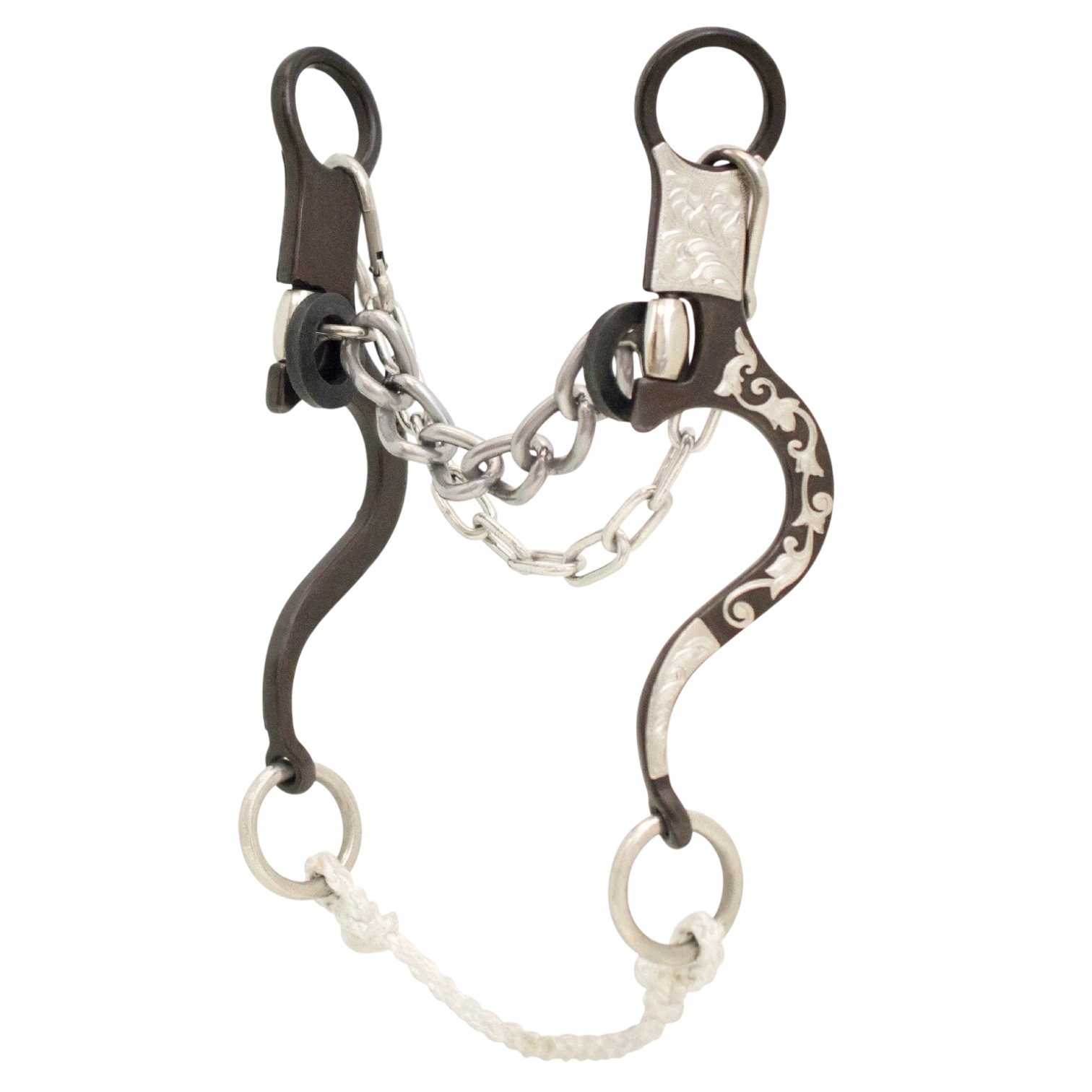 Lone Star Ropes Tyler Magnus Series loose ring chain bit with antique finish, silver floral trim, and rope slobber bar.