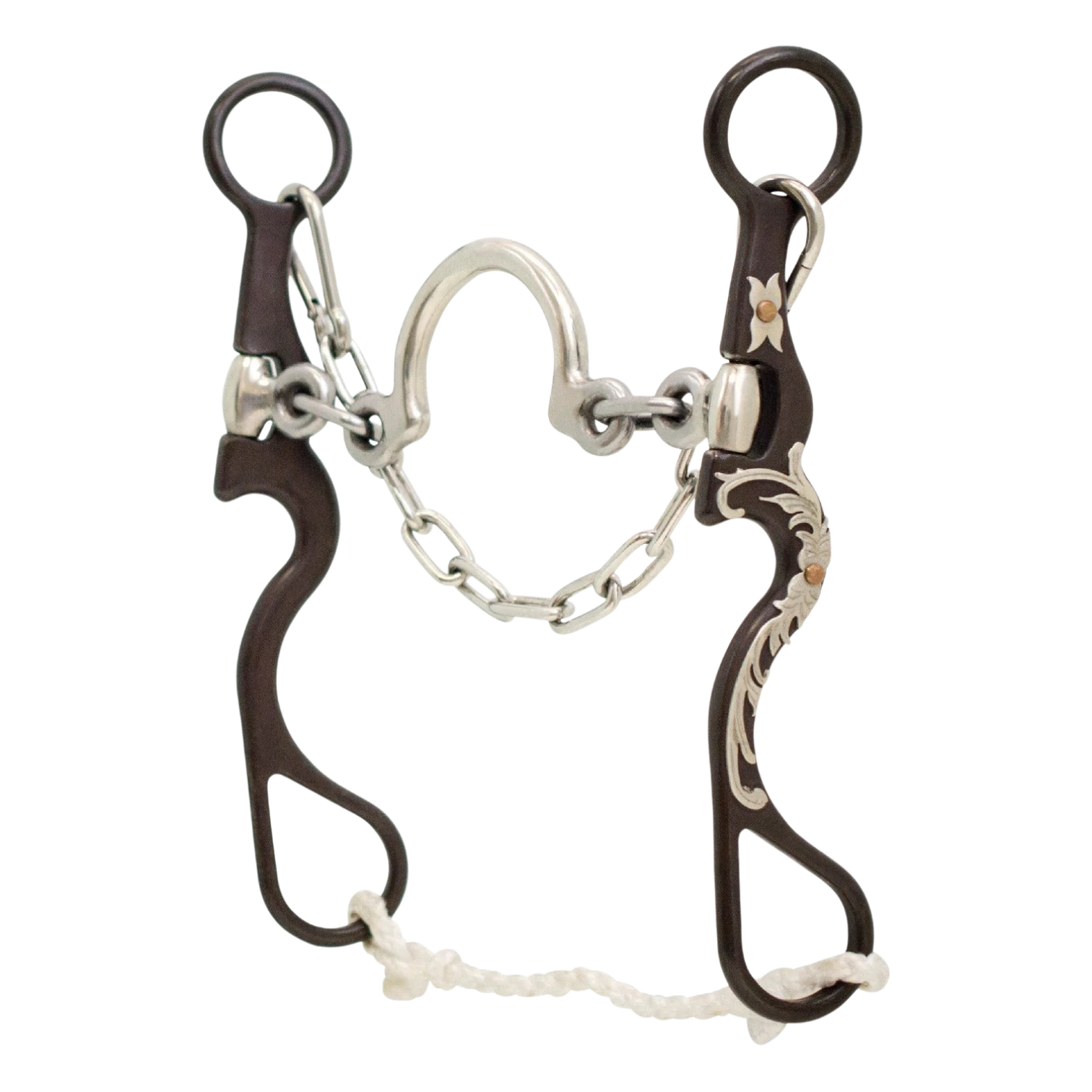 Lone Star Ropes Tyler Magnus Series chain C port bit with antique finish, silver floral trim, and rope slobber bar.