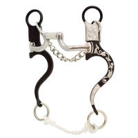 Lone Star Ropes Tyler Magnus loose ring hinged port bit with antique finish, silver floral trim, and rope slobber bar.