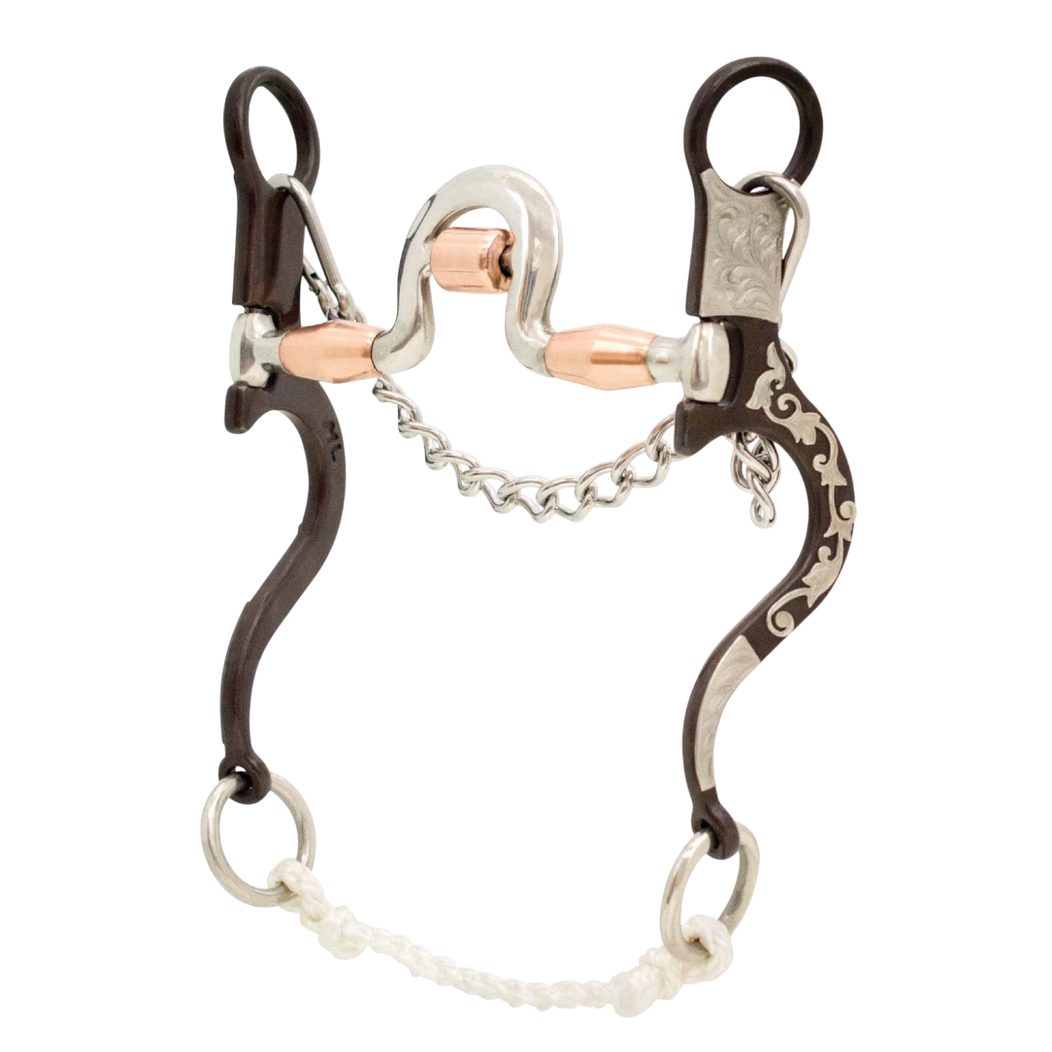 Lone Star Ropes Tyler Magnus loose ring port spoon bit with copper rollers, silver floral trim, and rope slobber bar.