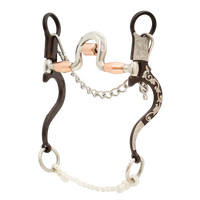 Lone Star Ropes Tyler Magnus loose ring port spoon bit with copper rollers, silver floral trim, and rope slobber bar.