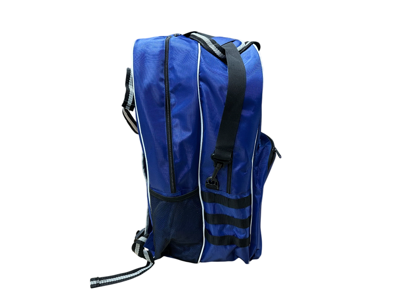 Blue backpack with black straps on a white background
